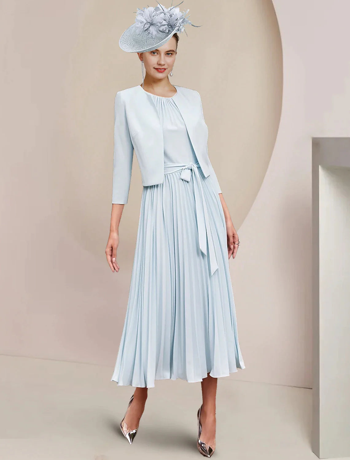 Elegant two-piece A-line chiffon dress with scoop neck and tea length.