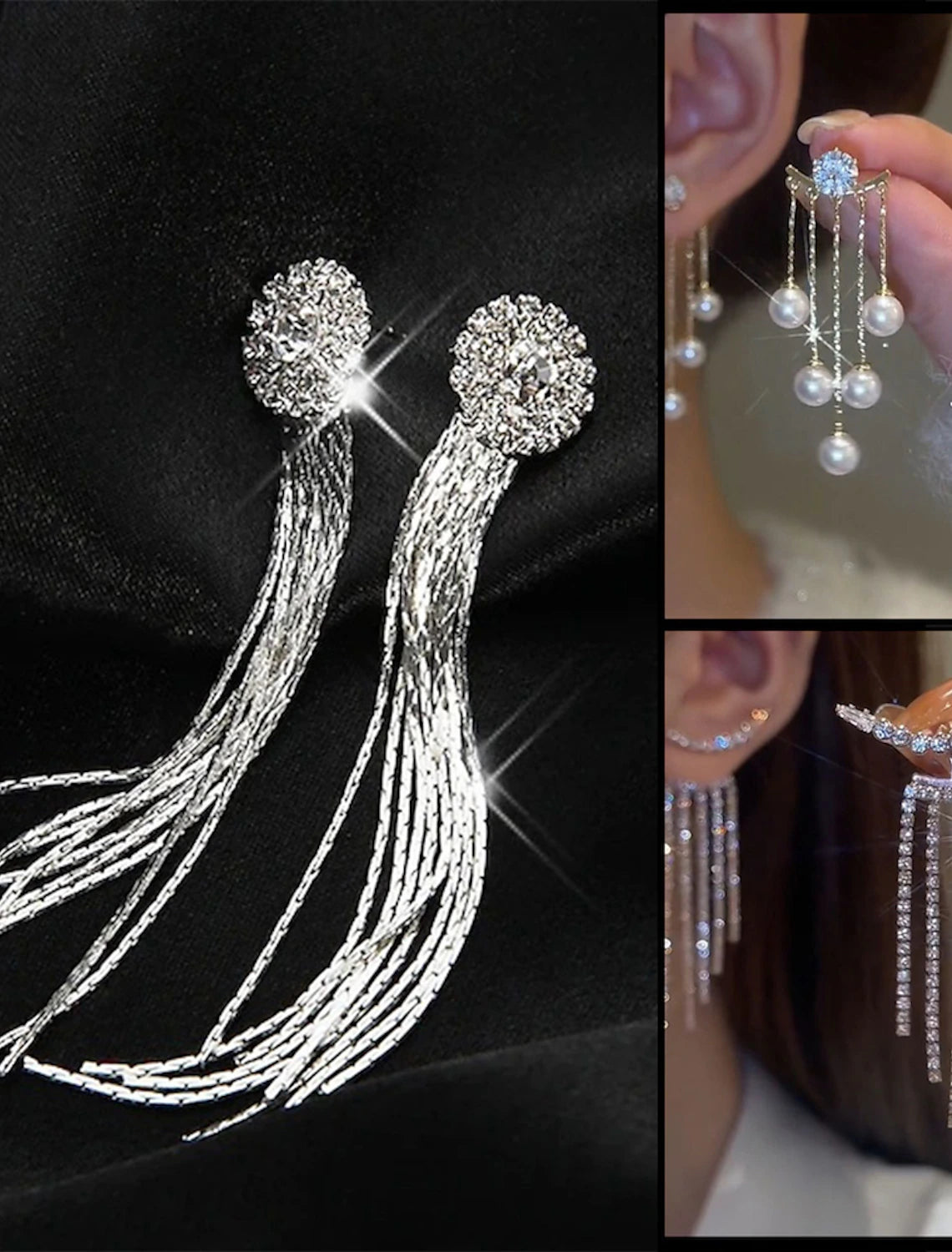 Close-up of elegant white tassel fringe drop earrings.