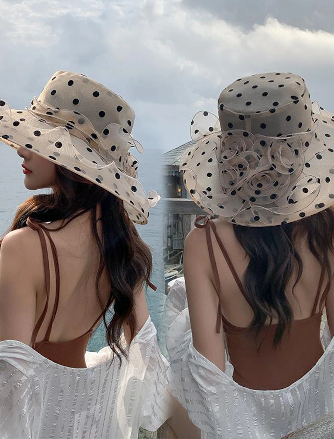 Woman wearing an elegant wide-brim tulle sun hat with floral appliques.