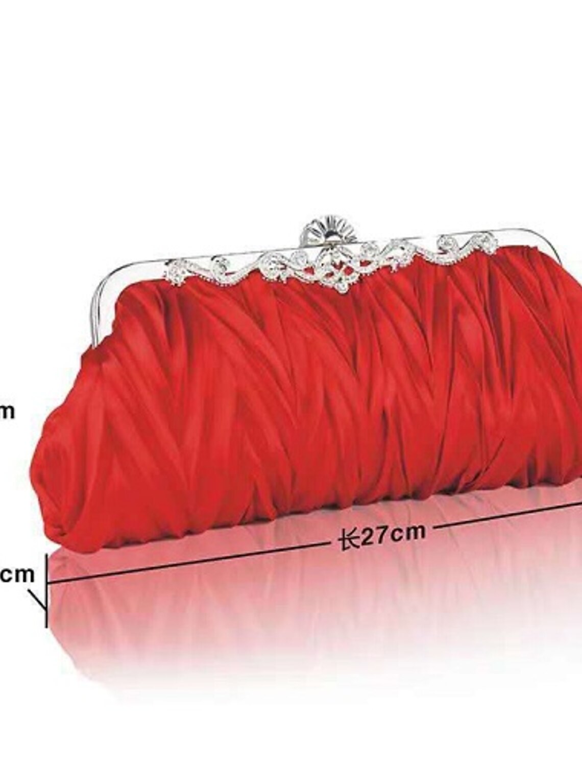 Formal clutch bag, held in hand, showcasing its compact size.
