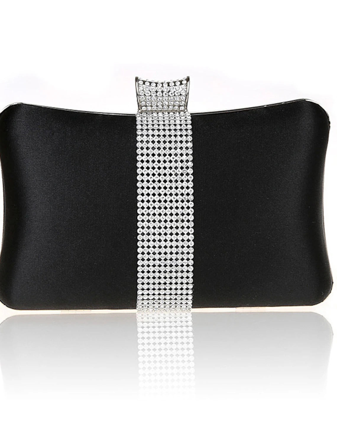 Women's satin and PU leather clutch bag with crystal embellishments.