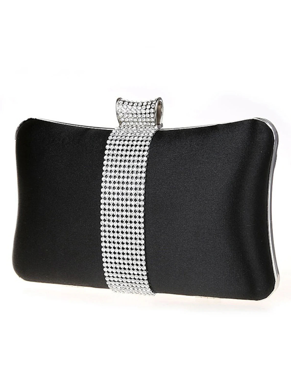 Women's satin and PU leather clutch bag with crystal embellishments.