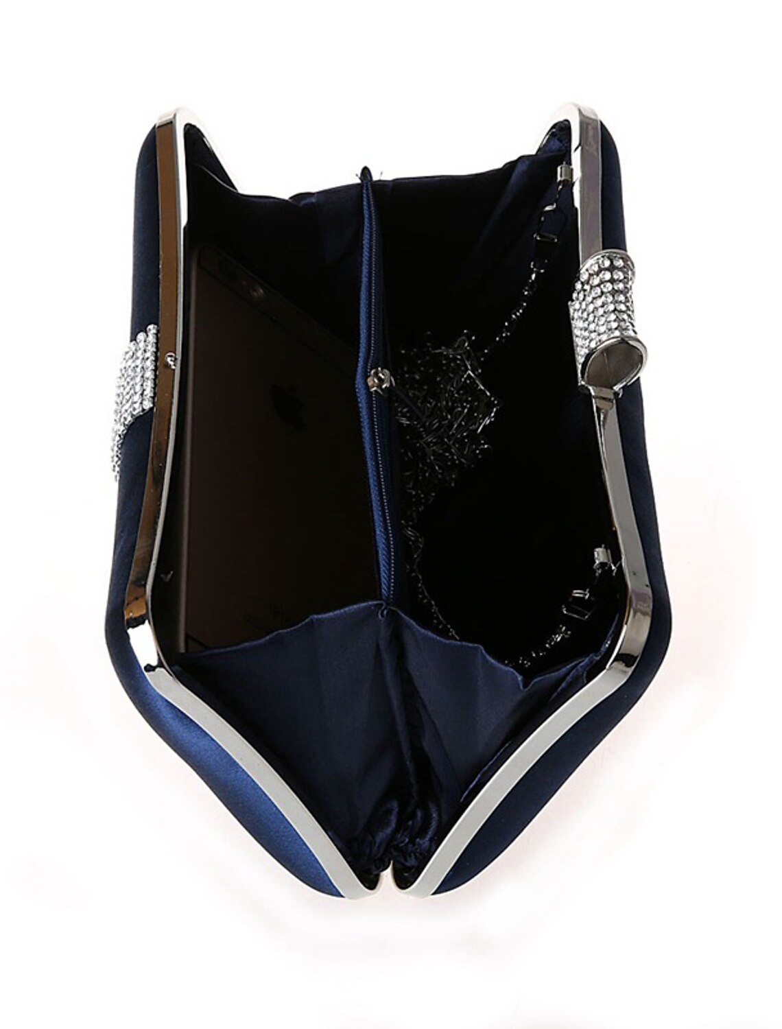 Women's satin and PU leather clutch bag with crystal embellishments.