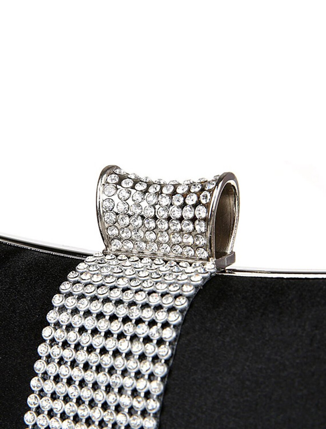 Women's satin and PU leather clutch bag with crystal embellishments.