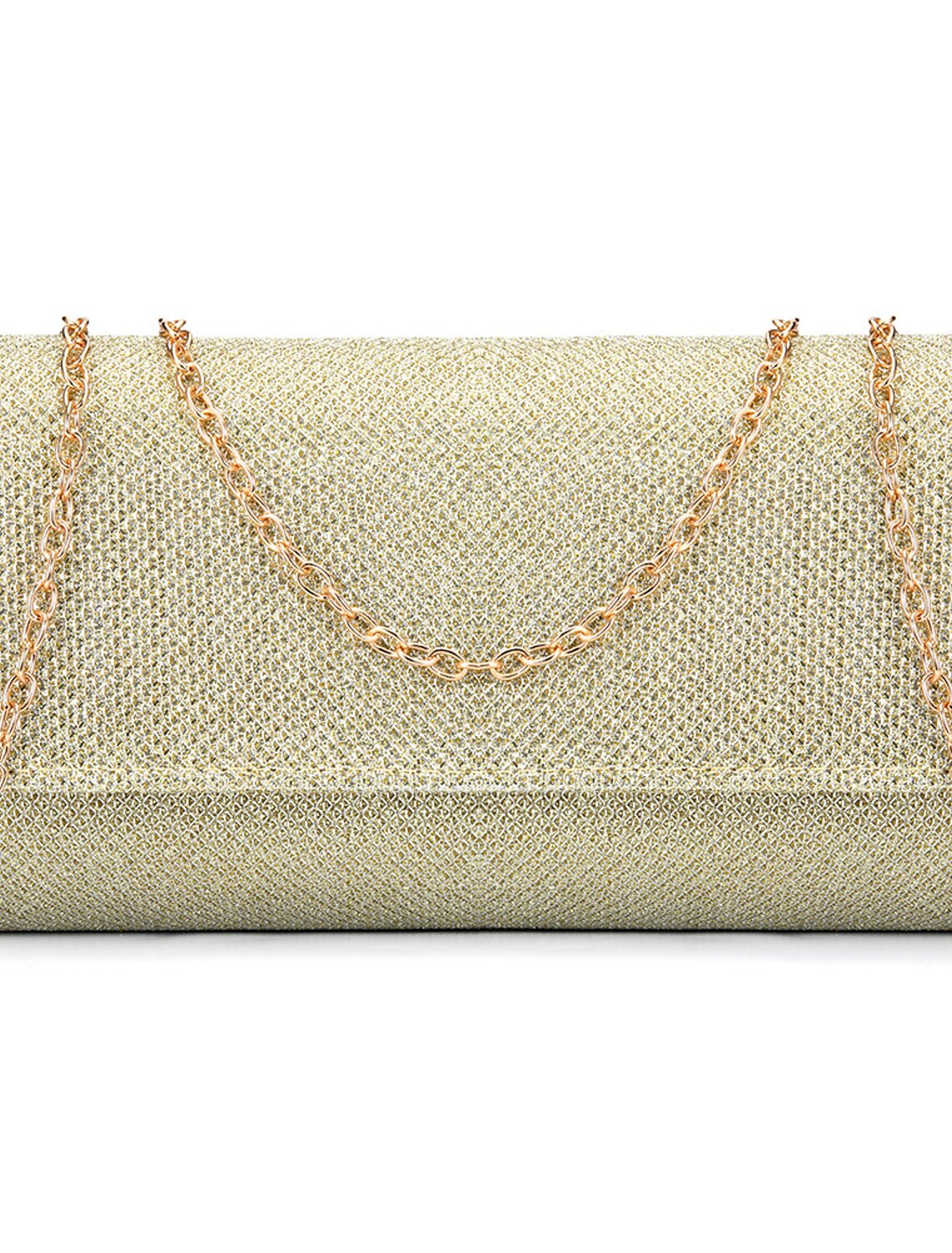 Elegant women's evening clutch bag with a metallic chain strap.