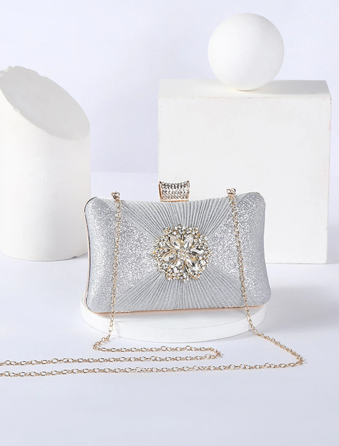 Side profile of the lightweight PU leather evening bag.