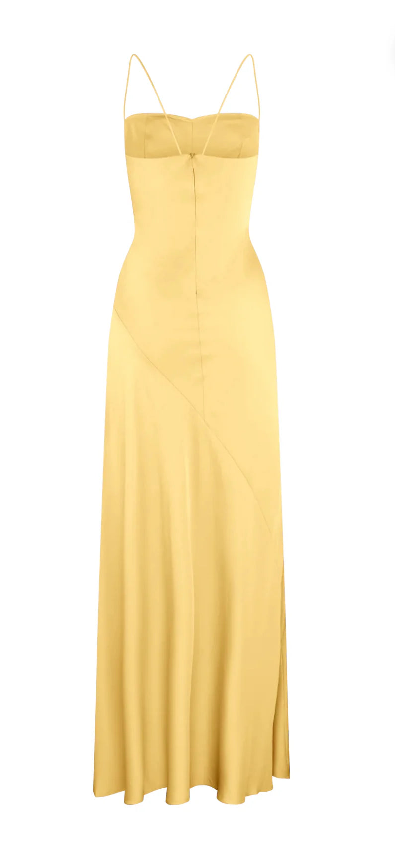Elegant yellow mermaid dress with spaghetti straps, front view.