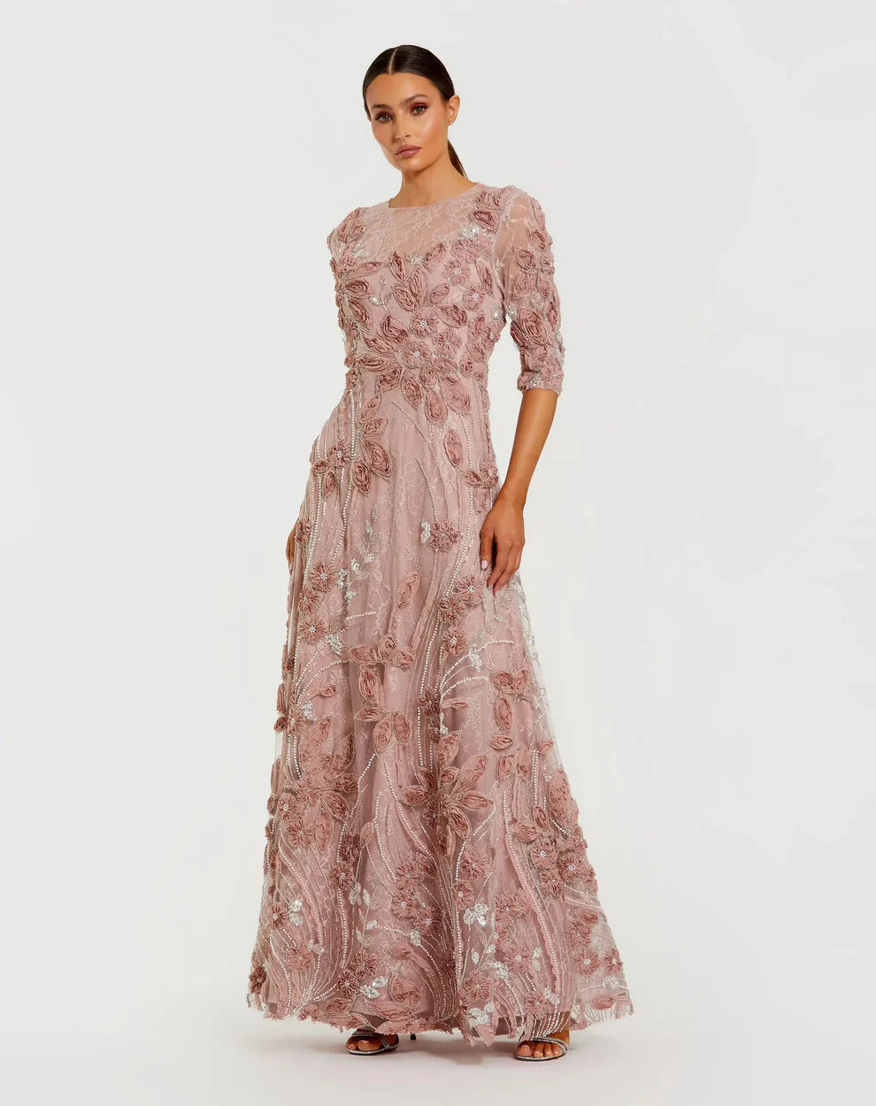 Elegant 3/4 Sleeve Round Neck 3D Floral Lace Beaded Embellished Maxi Prom Dress For Formal Evening Wedding Guest Bridesmaid Cocktail Party