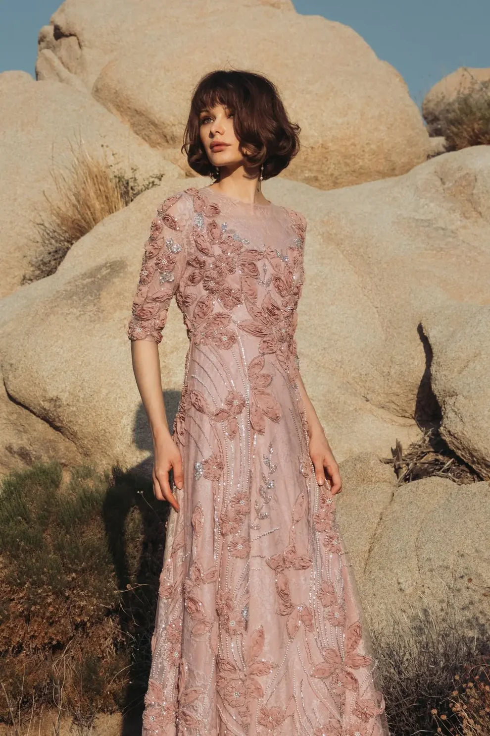 Elegant 3/4 Sleeve Round Neck 3D Floral Lace Beaded Embellished Maxi Prom Dress For Formal Evening Wedding Guest Bridesmaid Cocktail Party