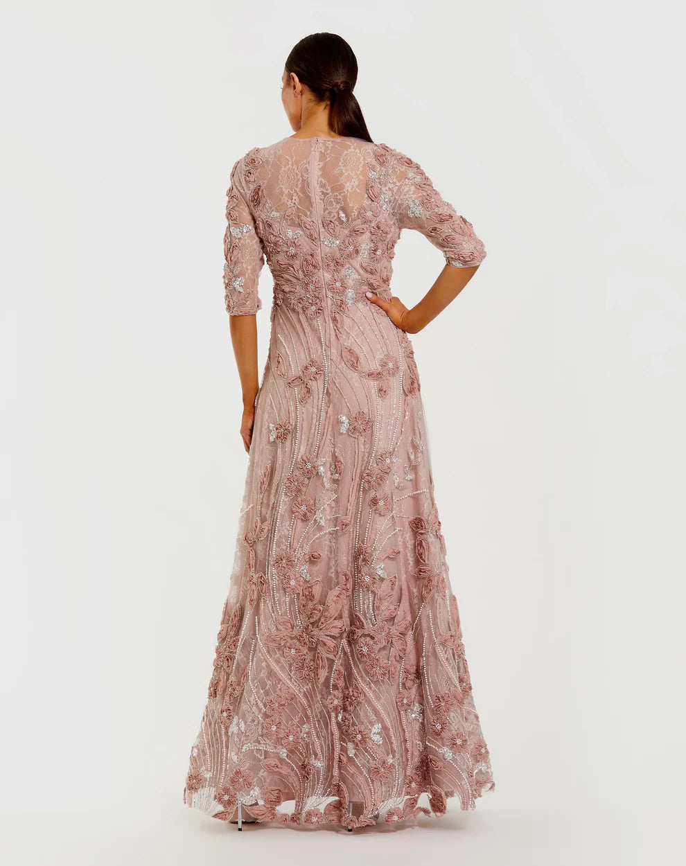 Elegant 3/4 Sleeve Round Neck 3D Floral Lace Beaded Embellished Maxi Prom Dress For Formal Evening Wedding Guest Bridesmaid Cocktail Party