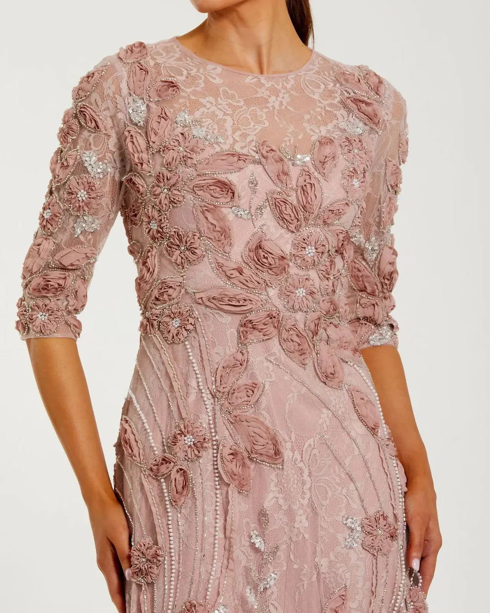 Elegant 3/4 Sleeve Round Neck 3D Floral Lace Beaded Embellished Maxi Prom Dress For Formal Evening Wedding Guest Bridesmaid Cocktail Party