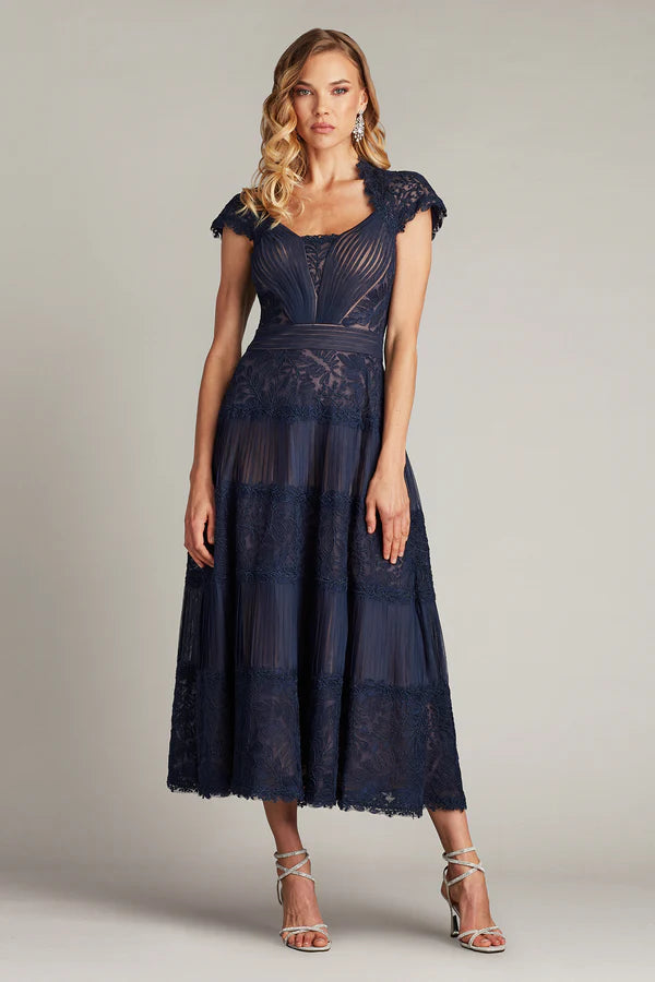 Elegant A Line High Neck Cap Sleeve Lace Tiered Midi Prom Dress in Navy for Formal Events