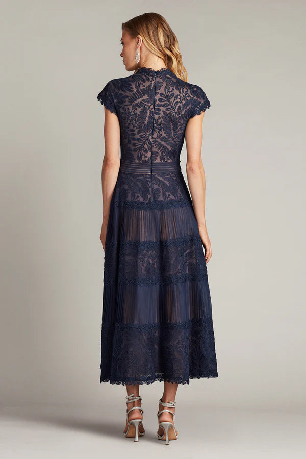 Elegant A Line High Neck Cap Sleeve Lace Tiered Midi Prom Dress in Navy for Formal Events