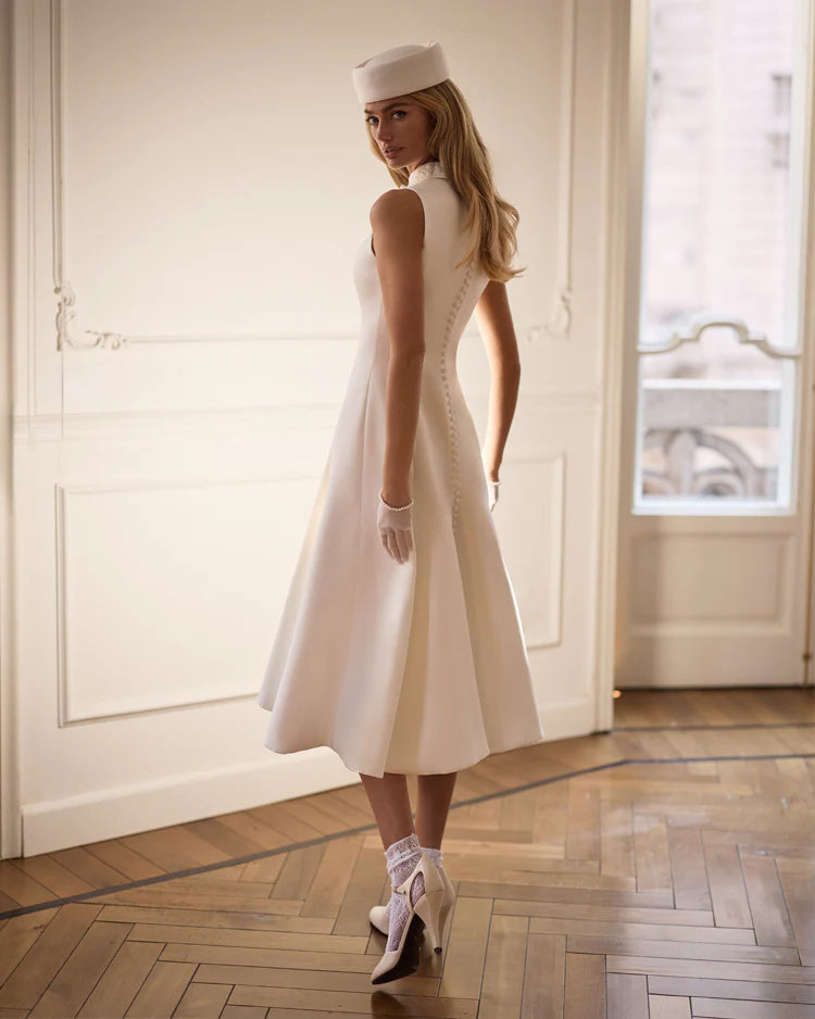 Elegant A Line Sleeveless High Neck Button Back Midi Prom Dress in White for Formal Events