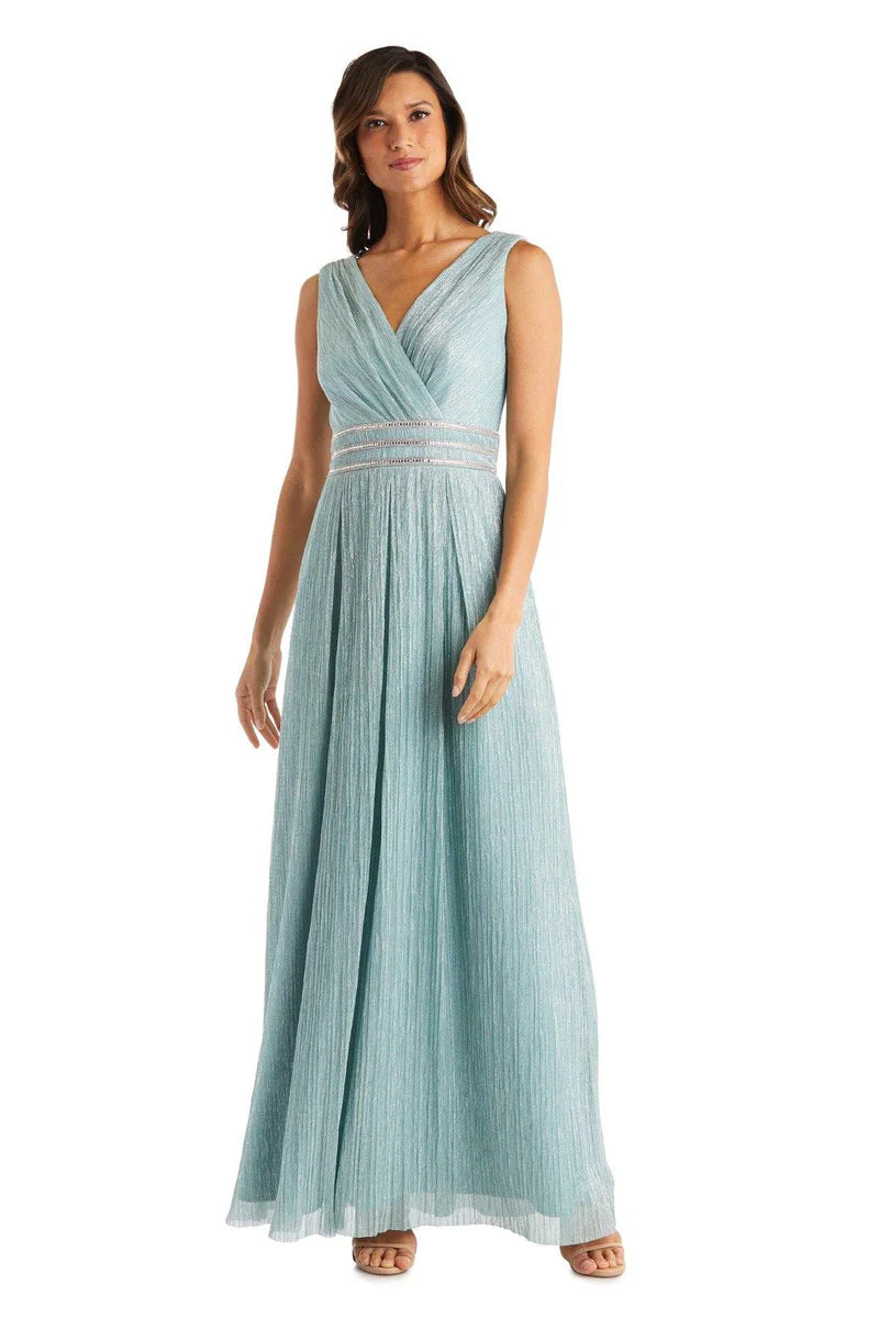 Elegant A Line Sleeveless V Neck Beaded Waist Shimmer Knit Long Prom Dress in Aqua for Formal Events