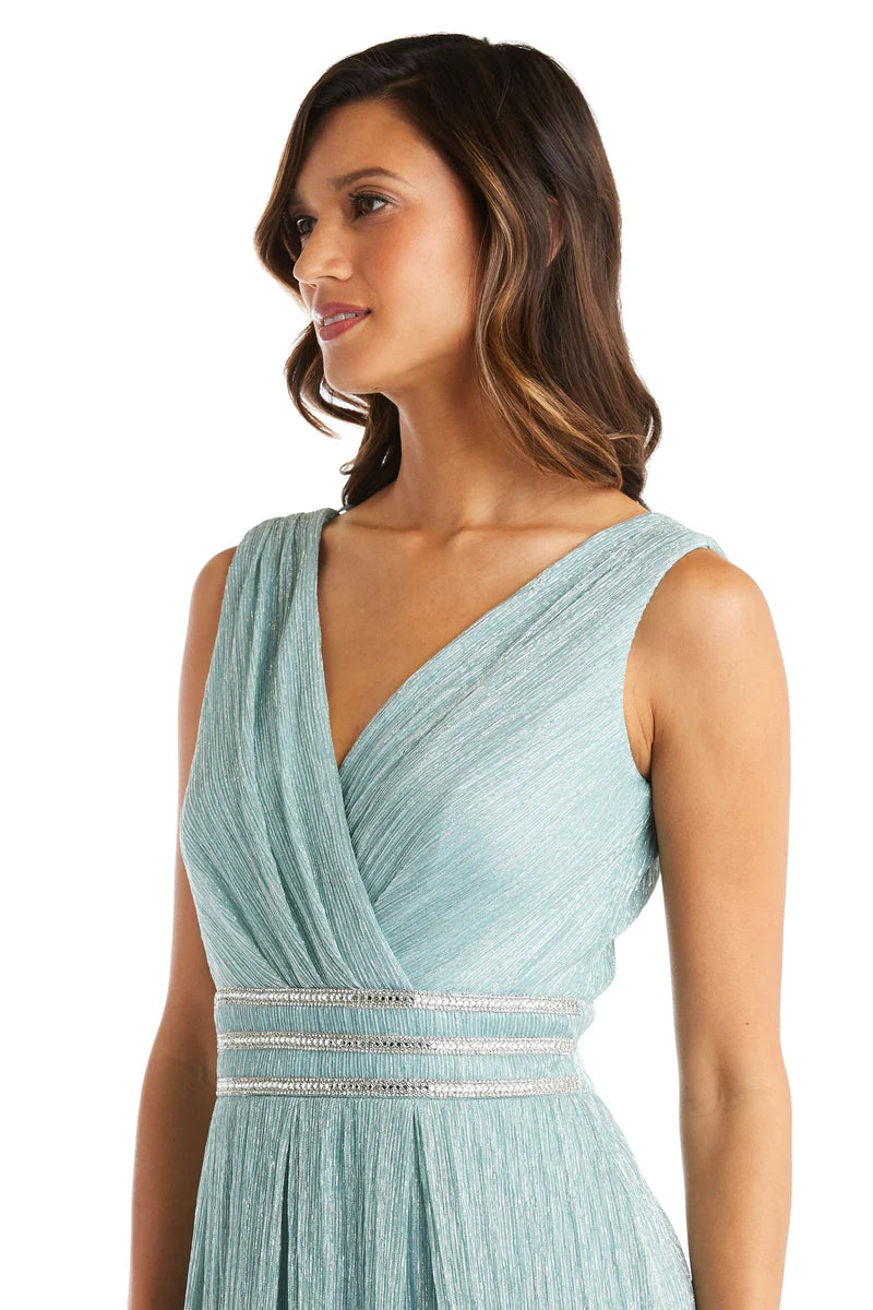 Elegant A Line Sleeveless V Neck Beaded Waist Shimmer Knit Long Prom Dress in Aqua for Formal Events