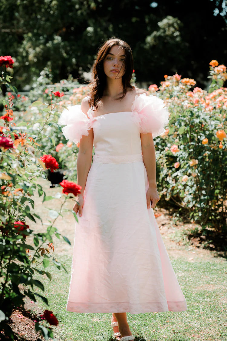 Elegant A Line Square Neck Off The Shoulder Tulle Ruffle Sleeve Tea Length Prom Dress for Formal Events