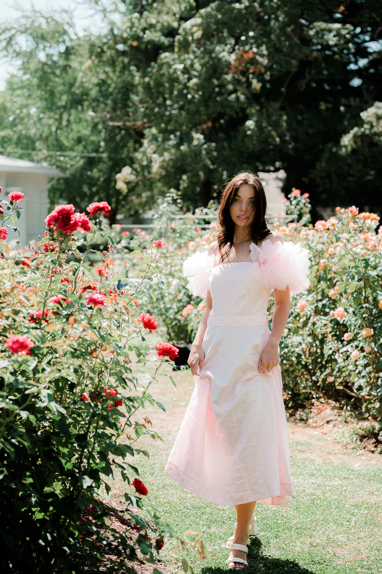 Elegant A Line Square Neck Off The Shoulder Tulle Ruffle Sleeve Tea Length Prom Dress for Formal Events