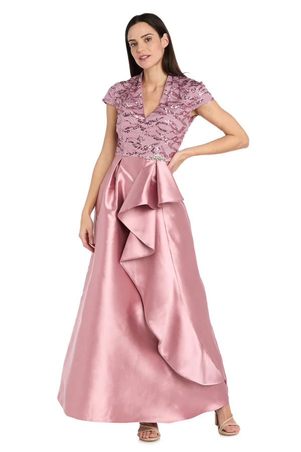 Elegant A Line V Neck Cap Sleeve Sequin Bodice Satin Skirt Prom Dress in Blush for Formal Events