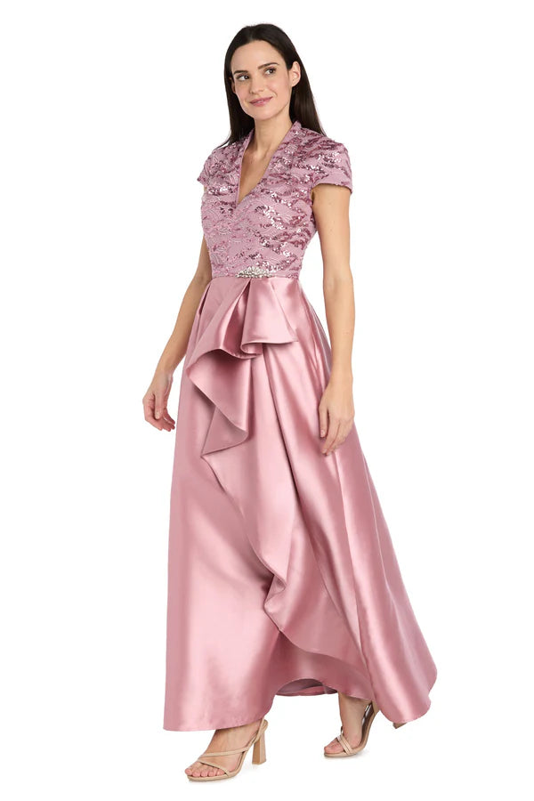 Elegant A Line V Neck Cap Sleeve Sequin Bodice Satin Skirt Prom Dress in Blush for Formal Events