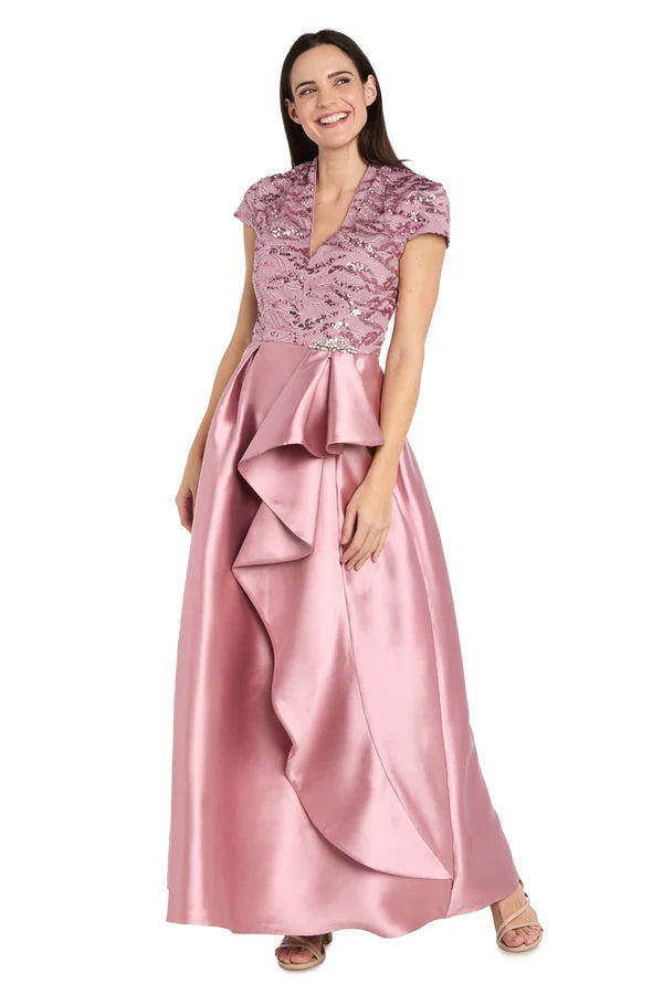 Elegant A Line V Neck Cap Sleeve Sequin Bodice Satin Skirt Prom Dress in Blush for Formal Events