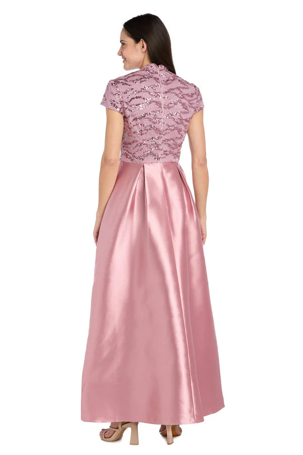 Elegant A Line V Neck Cap Sleeve Sequin Bodice Satin Skirt Prom Dress in Blush for Formal Events