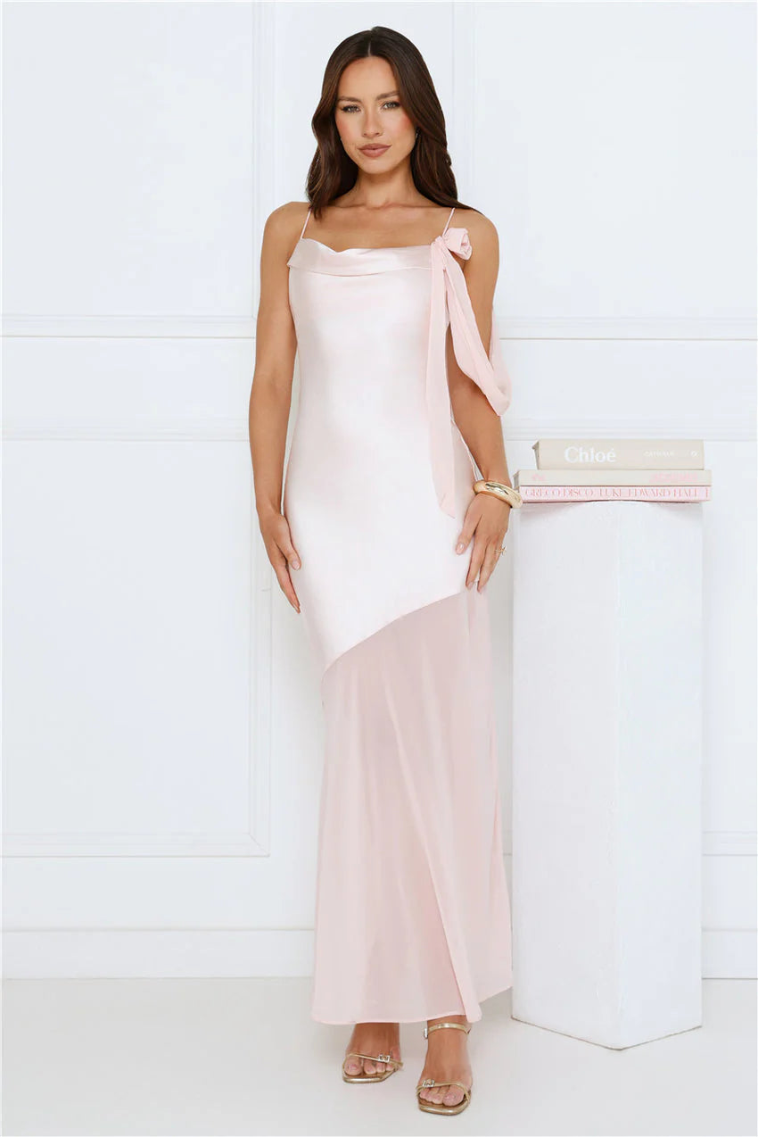 Elegant Asymmetrical One Shoulder Draped Bow Detail Satin Chiffon Maxi Evening Dress For Formal Evening Prom Wedding Guest Bridesmaid Cocktail Party Gala