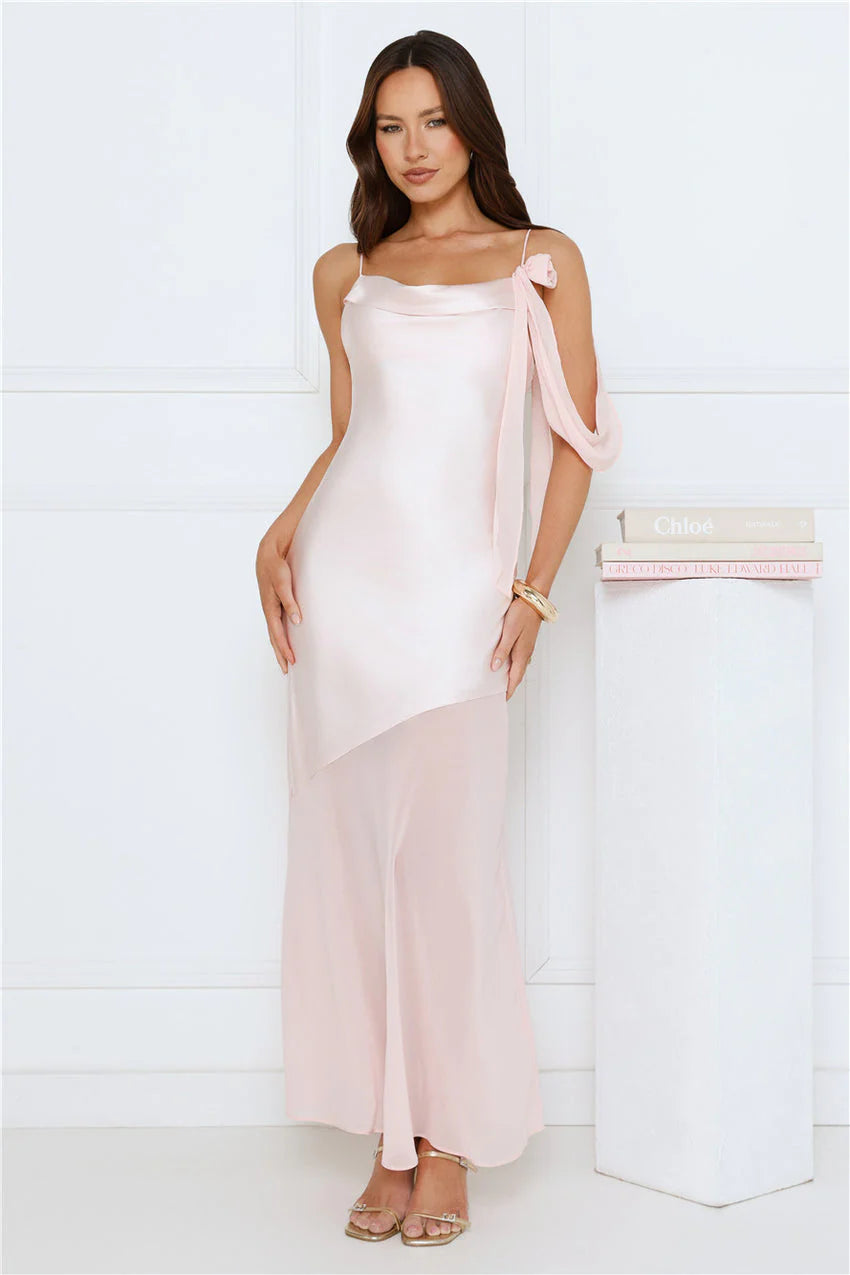 Elegant Asymmetrical One Shoulder Draped Bow Detail Satin Chiffon Maxi Evening Dress For Formal Evening Prom Wedding Guest Bridesmaid Cocktail Party Gala