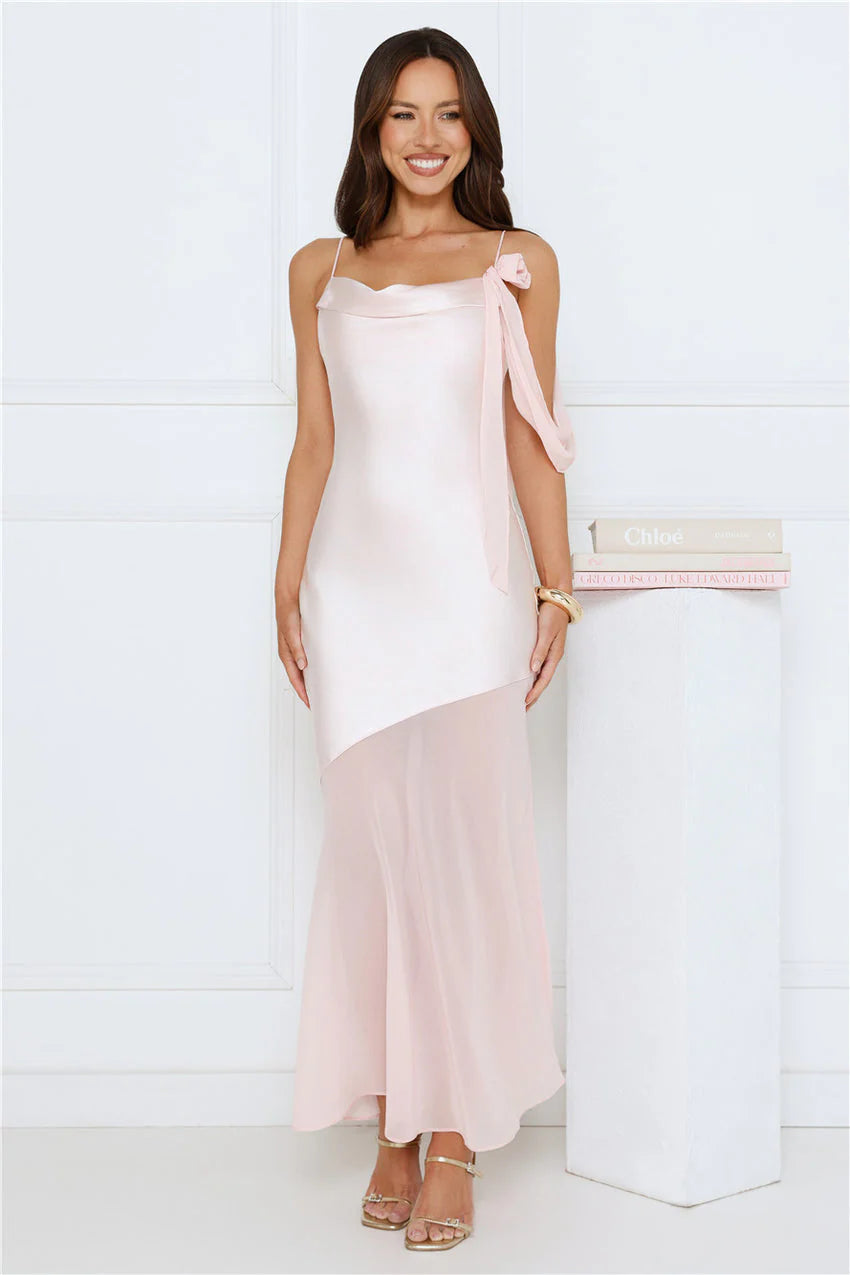 Elegant Asymmetrical One Shoulder Draped Bow Detail Satin Chiffon Maxi Evening Dress For Formal Evening Prom Wedding Guest Bridesmaid Cocktail Party Gala