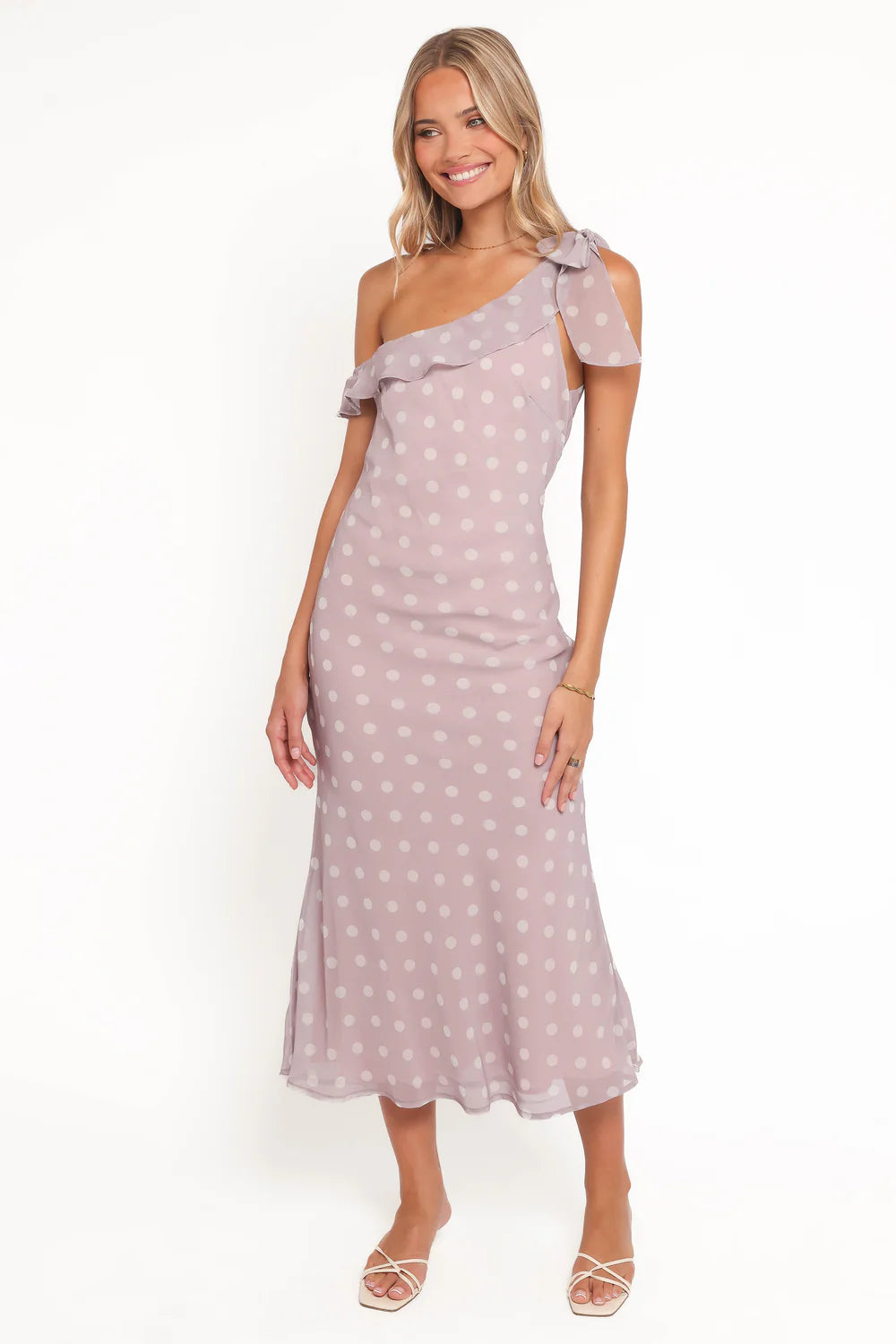 Elegant Asymmetrical Tie Strap Polka Dot Ruffle Trim Midi Prom Dress For Formal Evening Wedding Guest Bridesmaid Cocktail Party