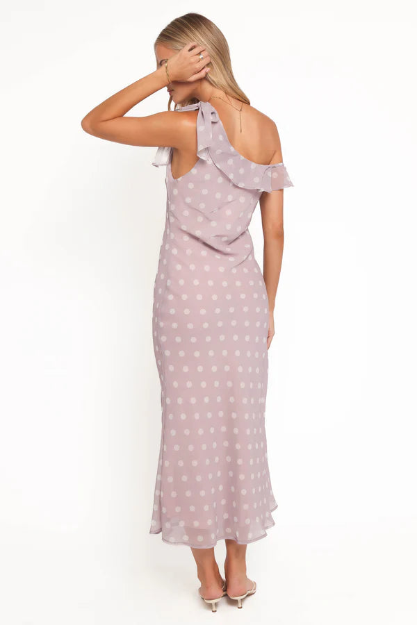 Elegant Asymmetrical Tie Strap Polka Dot Ruffle Trim Midi Prom Dress For Formal Evening Wedding Guest Bridesmaid Cocktail Party