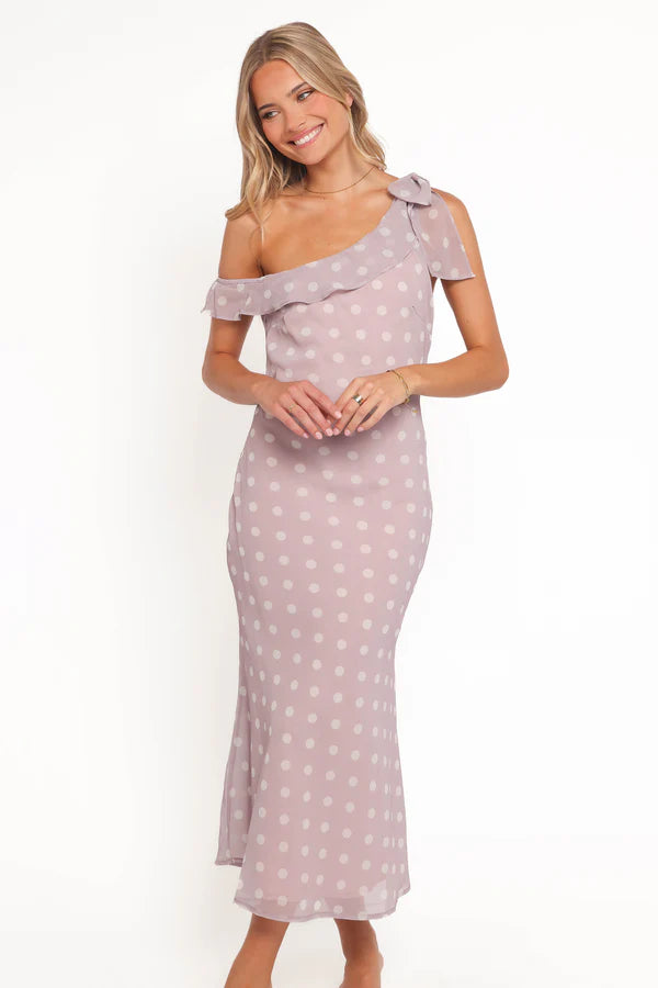Elegant Asymmetrical Tie Strap Polka Dot Ruffle Trim Midi Prom Dress For Formal Evening Wedding Guest Bridesmaid Cocktail Party