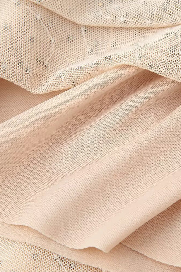 Elegant Beige Spaghetti Strap Ruffled Beaded Midi Prom Dress For Cocktail Party Bridal Shower
