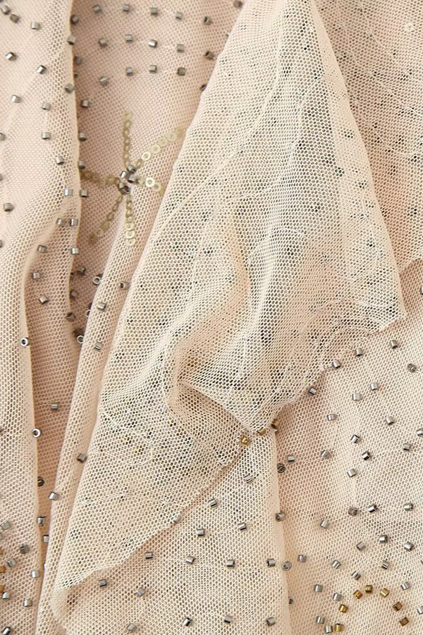 Elegant Beige Spaghetti Strap Ruffled Beaded Midi Prom Dress For Cocktail Party Bridal Shower