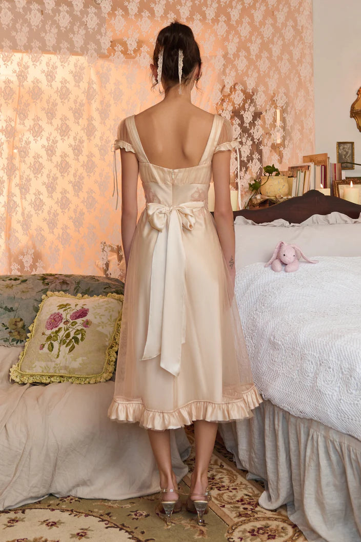 Elegant Beige V-neck Cross Strap Bow Ruffled Midi Evening Dresses