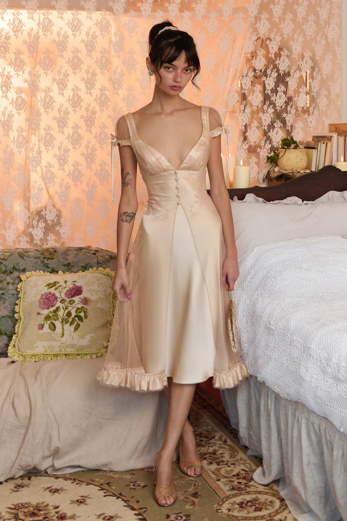 Elegant Beige V-neck Cross Strap Bow Ruffled Midi Evening Dresses