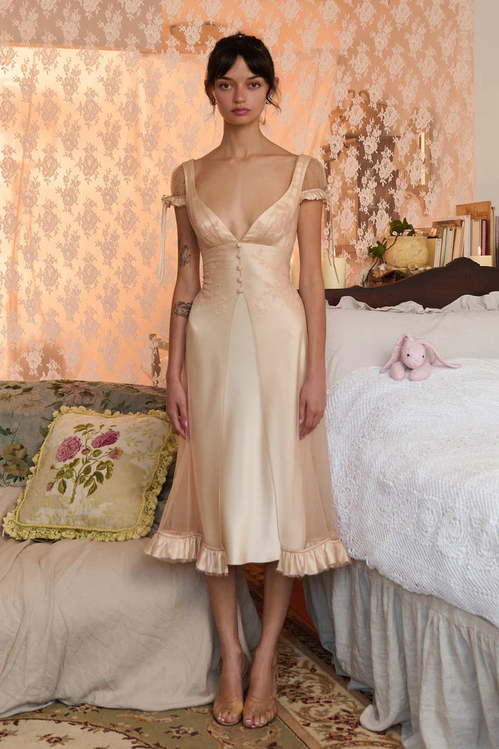 Elegant Beige V-neck Cross Strap Bow Ruffled Midi Evening Dresses