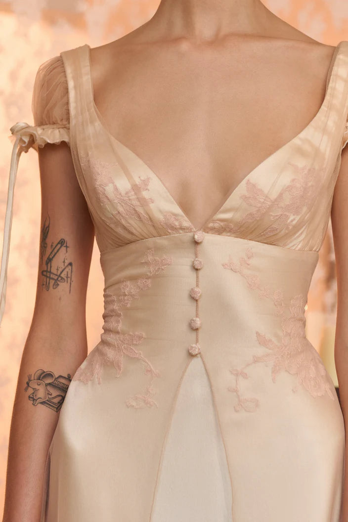 Elegant Beige V-neck Cross Strap Bow Ruffled Midi Evening Dresses
