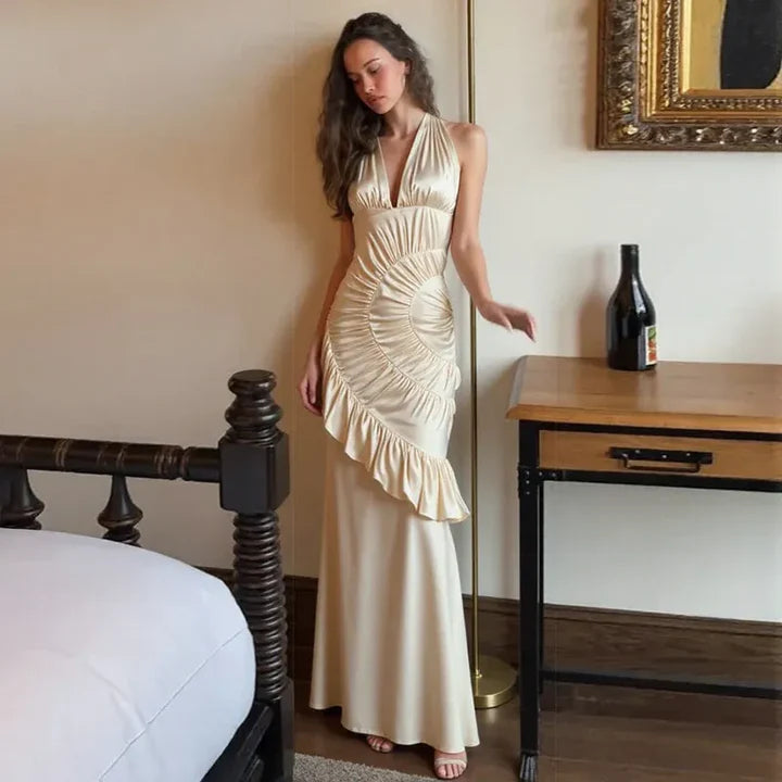 Elegant Beige V-neck Cross Strap Pleated Midi Evening Dresses