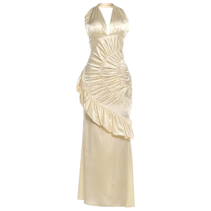 Elegant Beige V-neck Cross Strap Pleated Midi Evening Dresses