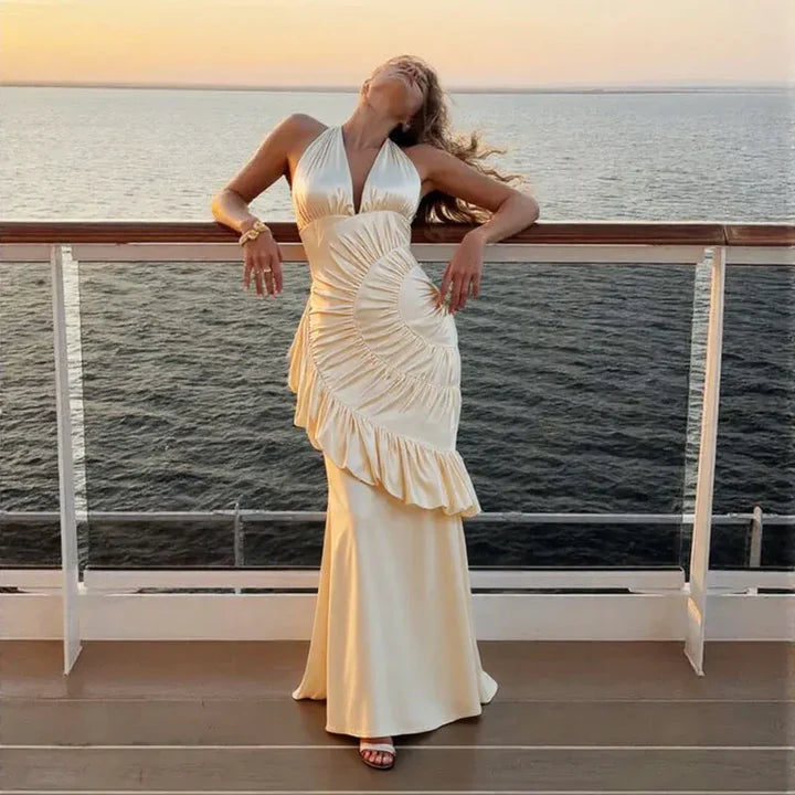 Elegant Beige V-neck Cross Strap Pleated Midi Evening Dresses