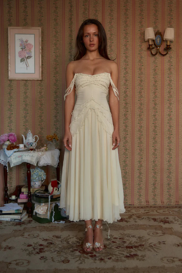 Elegant Beige V-neck Cross Strap Ruffled Midi Evening Dresses