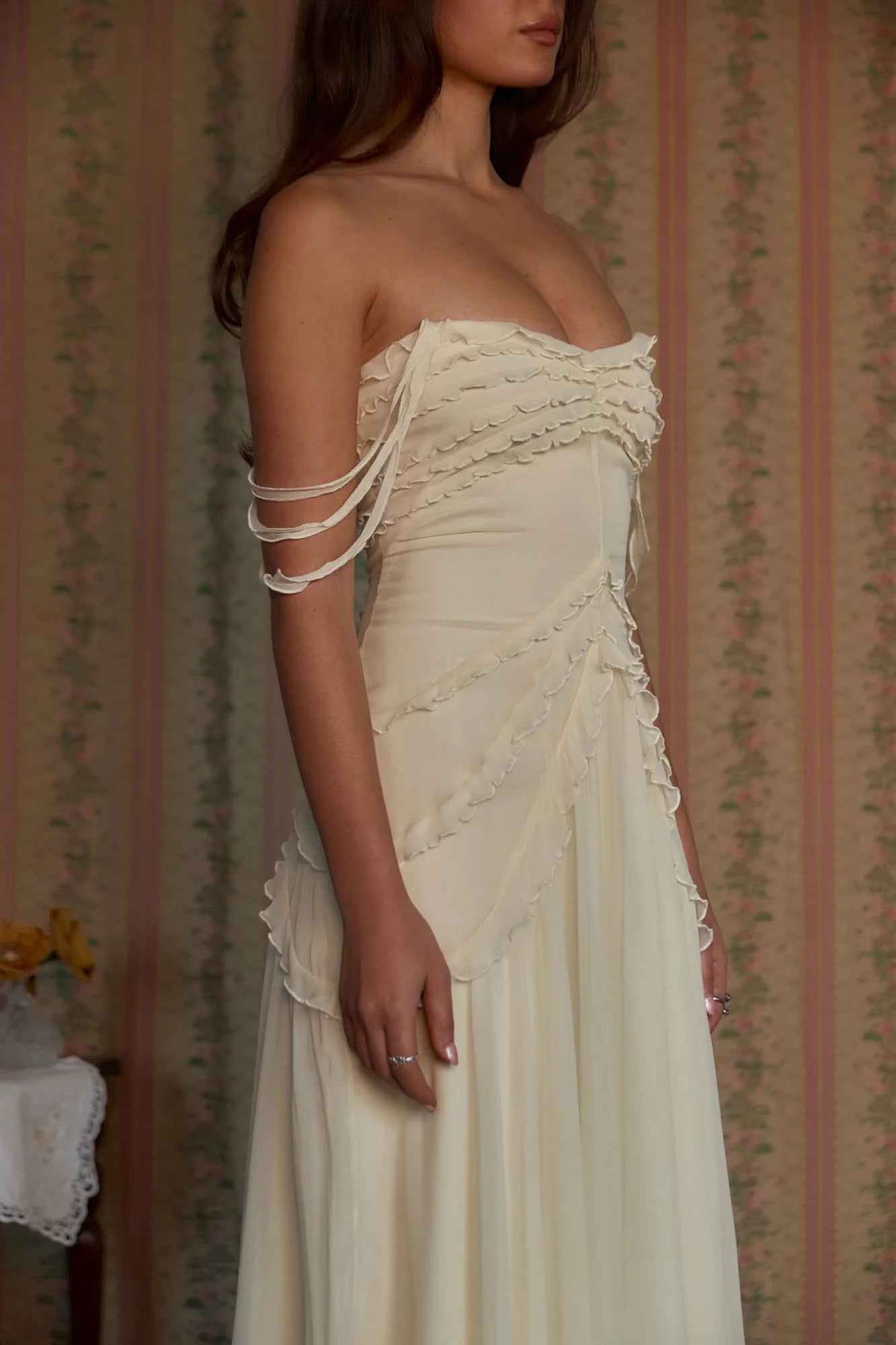Elegant Beige V-neck Cross Strap Ruffled Midi Evening Dresses