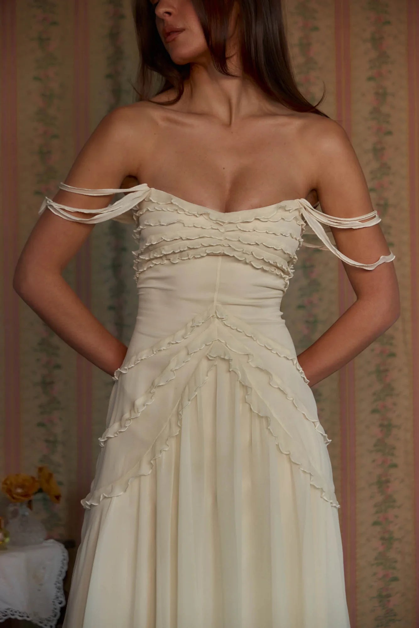Elegant Beige V-neck Cross Strap Ruffled Midi Evening Dresses