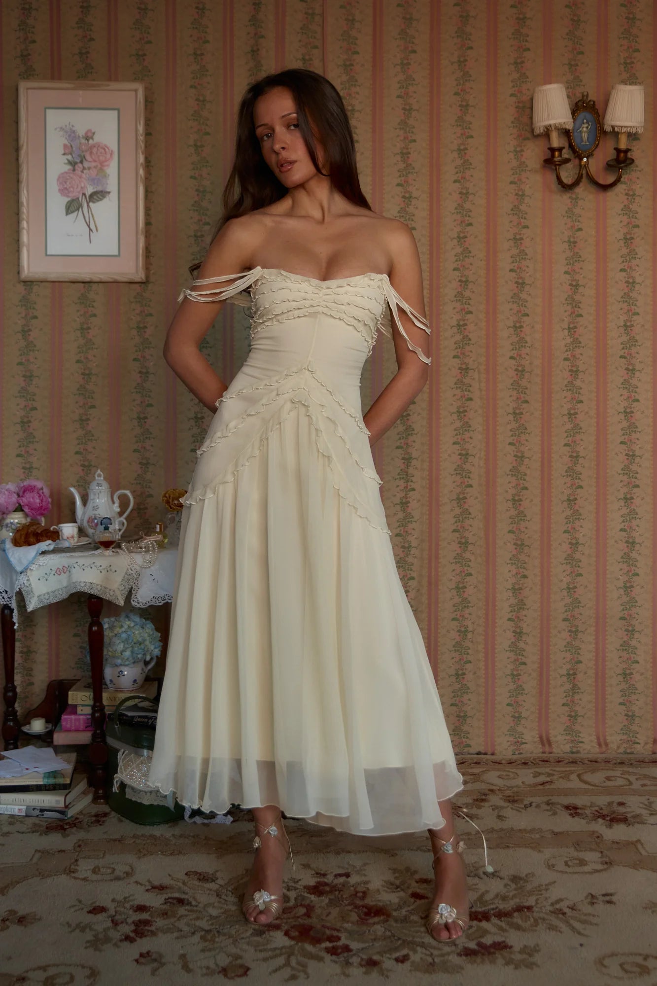 Elegant Beige V-neck Cross Strap Ruffled Midi Evening Dresses