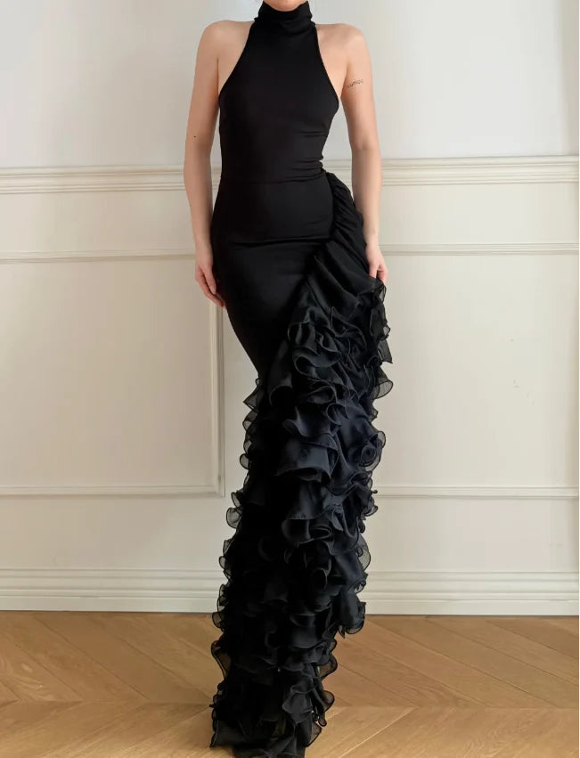Elegant Black Halter Neck Prom Dress With High Neckline And Asymmetrical Ruffled Mermaid Skirt For Formal Evening Party