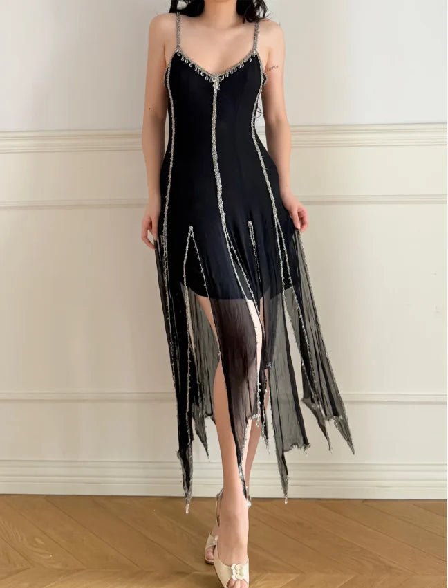Elegant Black Spaghetti Strap Prom Dress With Beaded Trim V Neck Open Back And Asymmetric Chiffon Skirt For Formal Evening Party