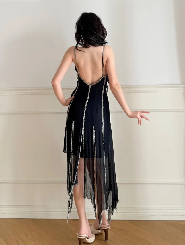 Elegant Black Spaghetti Strap Prom Dress With Beaded Trim V Neck Open Back And Asymmetric Chiffon Skirt For Formal Evening Party