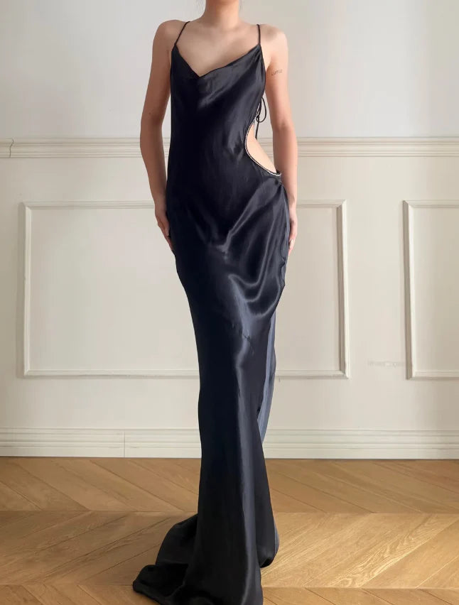 Elegant Black Spaghetti Strap Prom Dress With Cowl Neck Open Back And Crystal Trimmed Cutout For Formal Evening Party