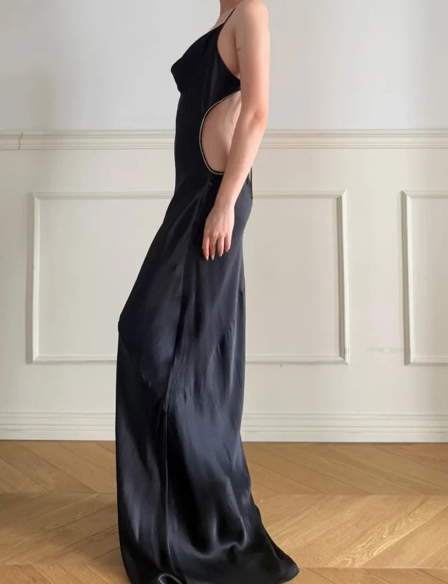 Elegant Black Spaghetti Strap Prom Dress With Cowl Neck Open Back And Crystal Trimmed Cutout For Formal Evening Party
